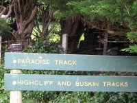 Track signs at corner of Beattie property